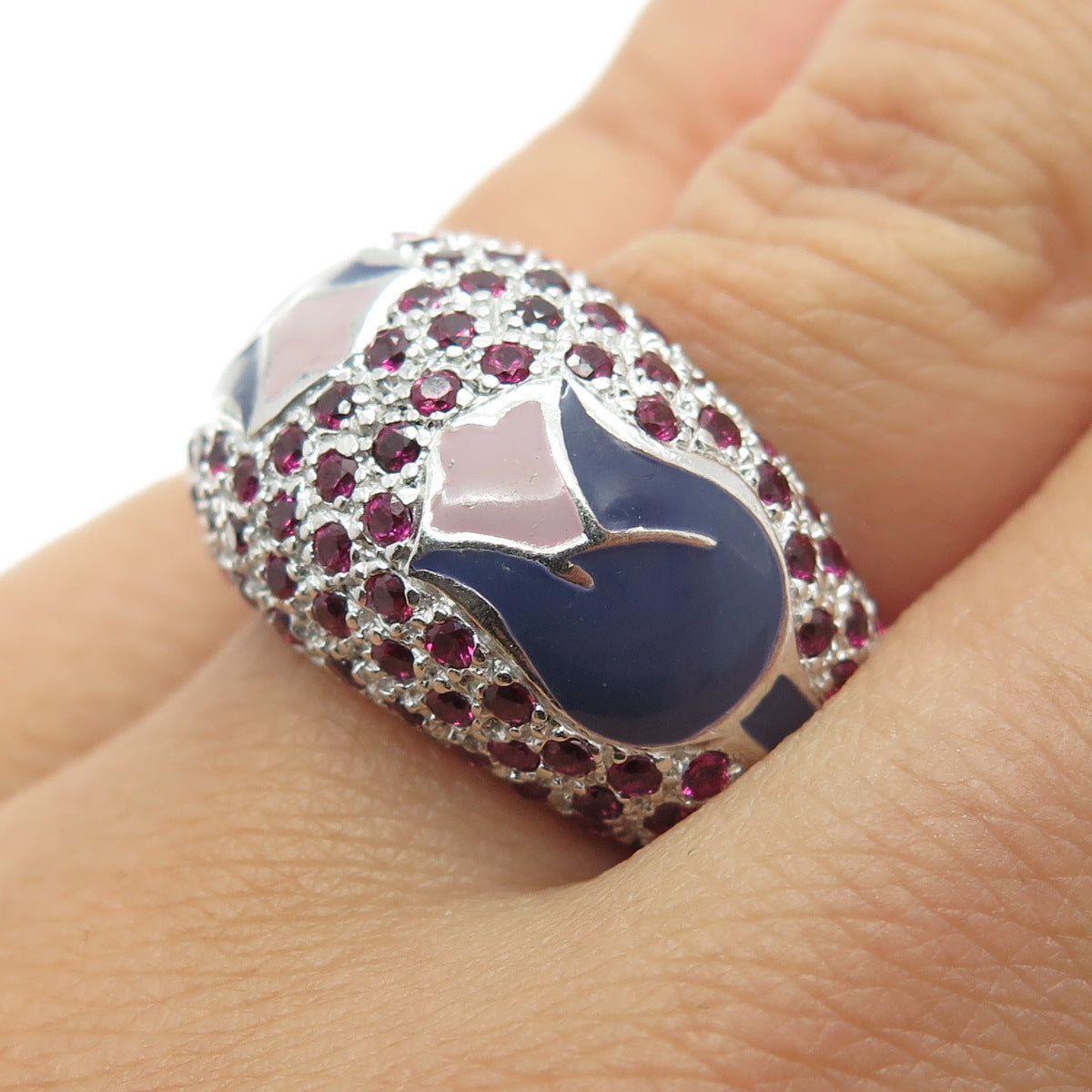 500 Silver Enamel & Lab-Created Ruby Tulip Flower Dome Ring Size 7.25