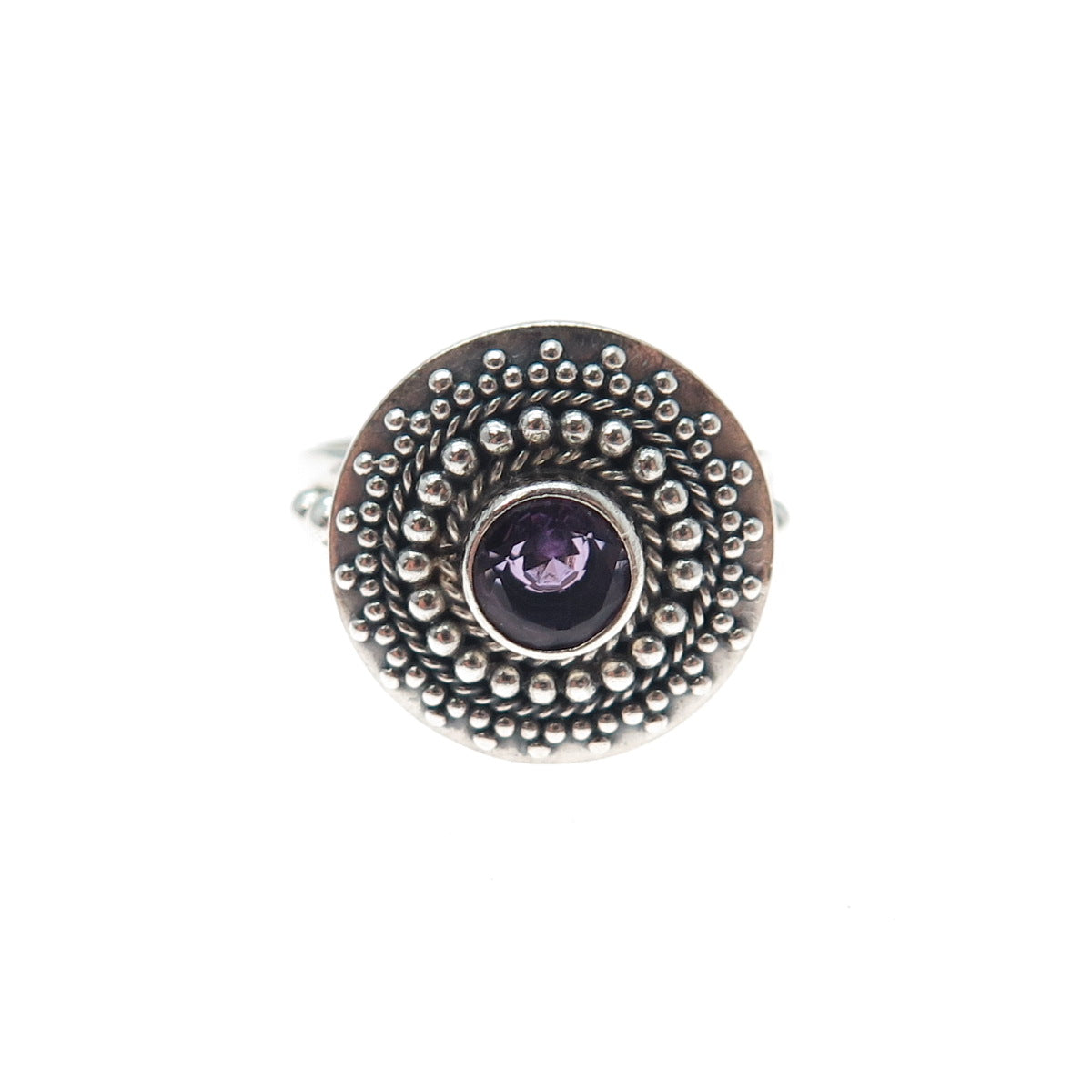 BC Silver Ned Bowman Sterling Vintage Real Amethyst Beaded Oxidized Ring Size 9