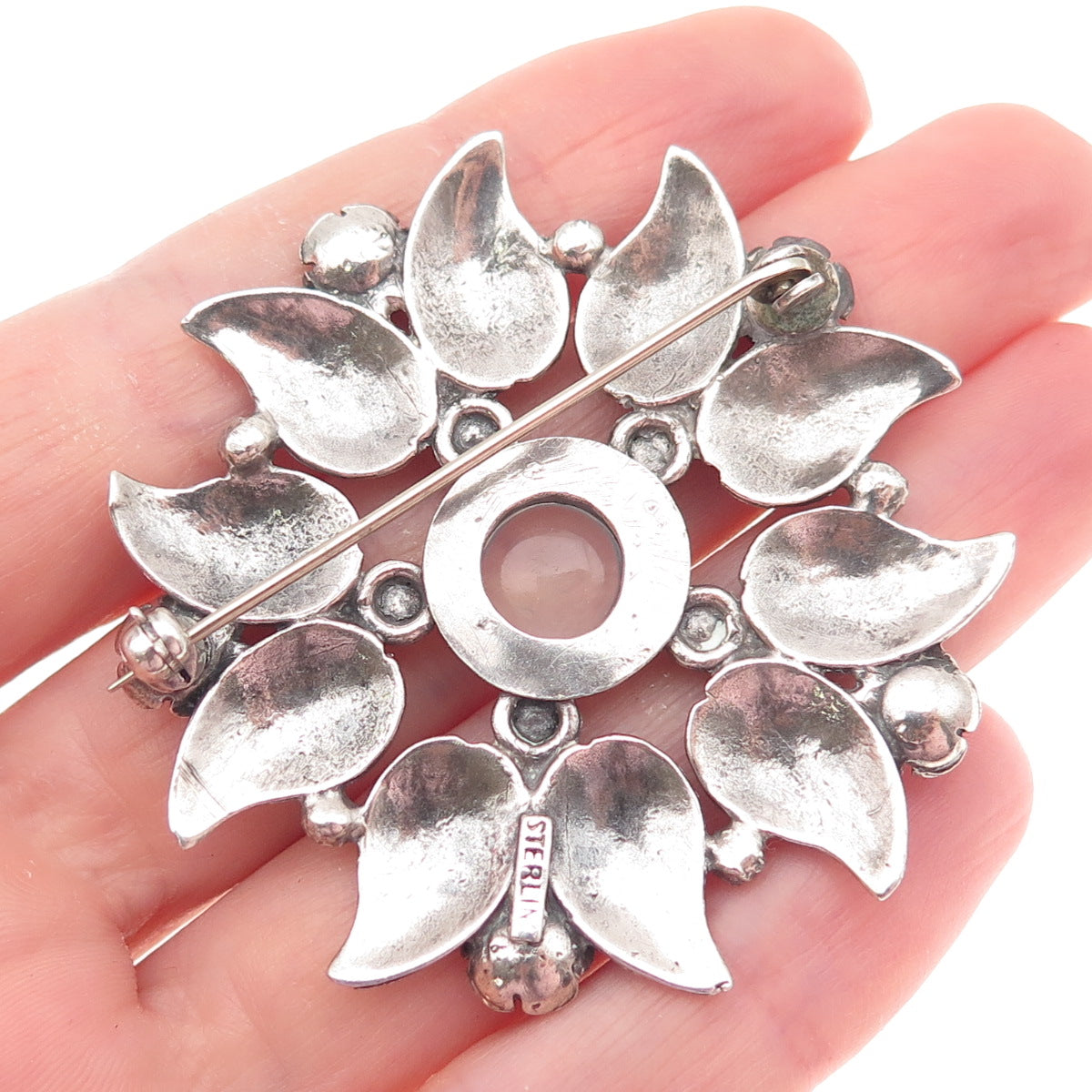 925 Sterling Silver Vintage Real Moonstone Floral Oxidized Pin Brooch