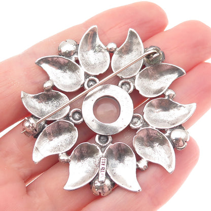 925 Sterling Silver Vintage Real Moonstone Floral Oxidized Pin Brooch