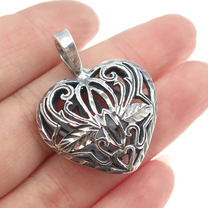 925 Sterling Silver Vintage Floral Heart Oxidized Pendant