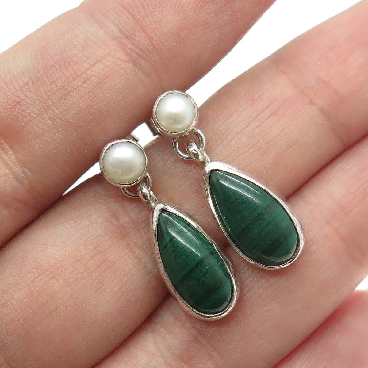 925 Sterling Silver Vintage Real Pearl & Malachite Gemstone Drop Earrings