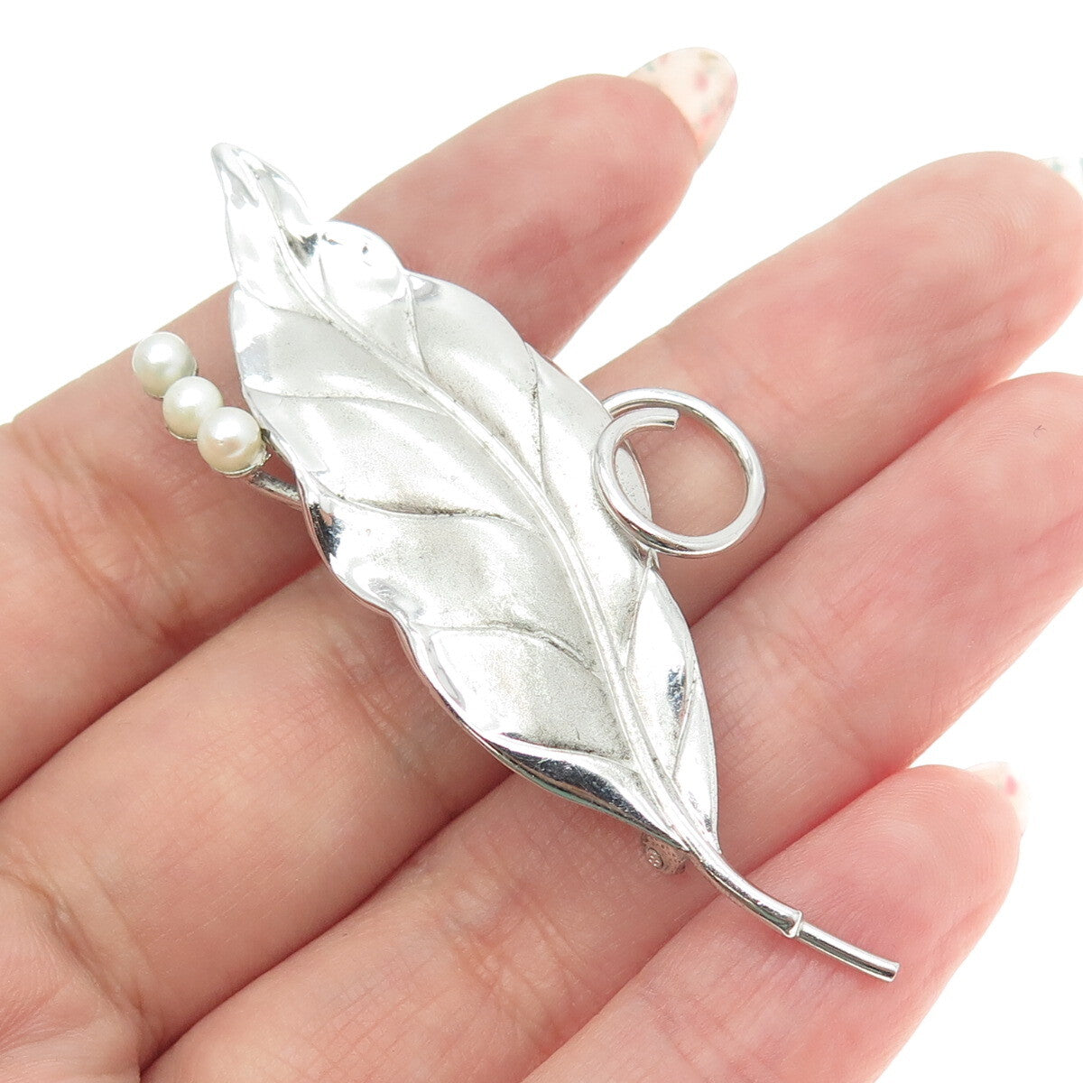 CARL ART 925 Sterling Silver Vintage Real Pearl Laurel Leaf Modernist Pin Brooch
