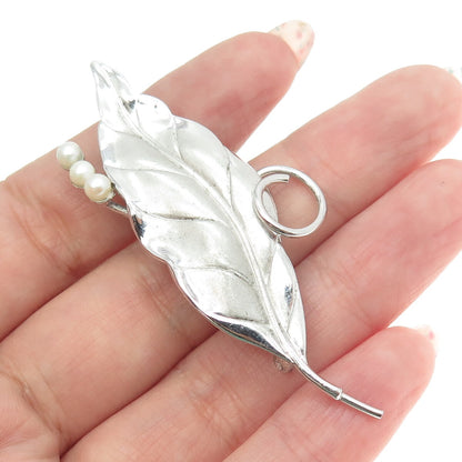 CARL ART 925 Sterling Silver Vintage Real Pearl Laurel Leaf Modernist Pin Brooch