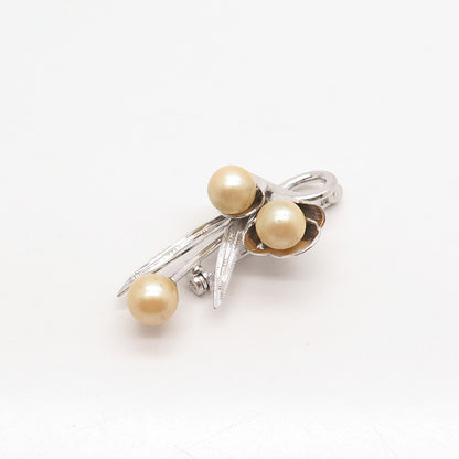 925 Sterling Silver Antique Faux Pearl Floral Pin Brooch