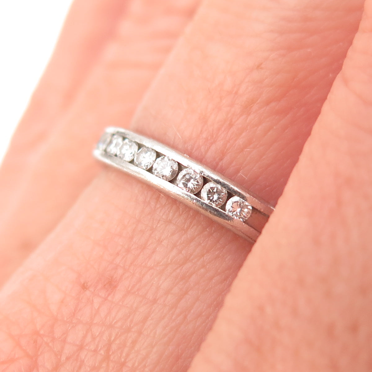 Vintage Platinum Real Diamond Half Eternity Stackable Ring Size 6.5
