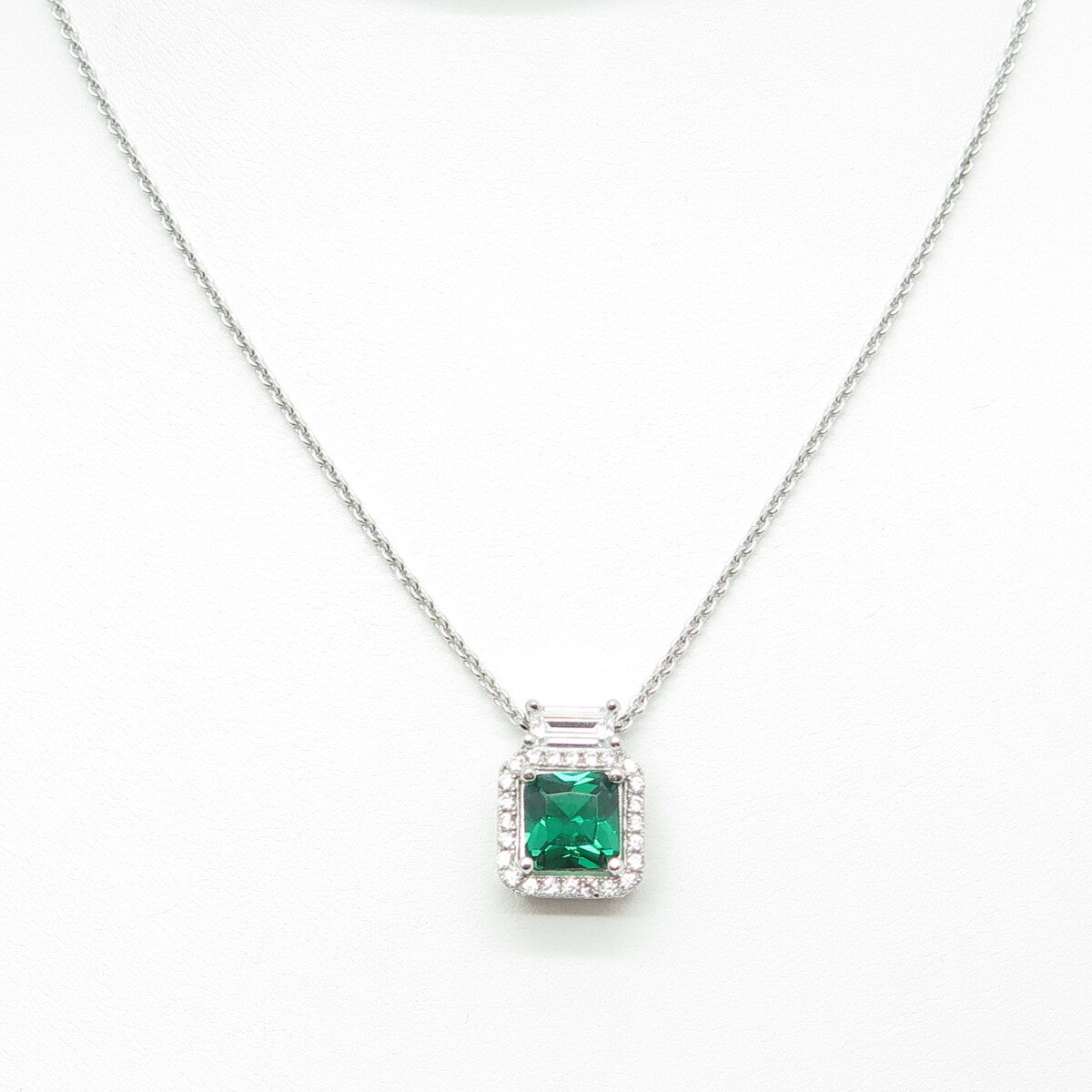 925 Sterling Silver Multi-Cut Green & White C Z Cable Chain Necklace 18"