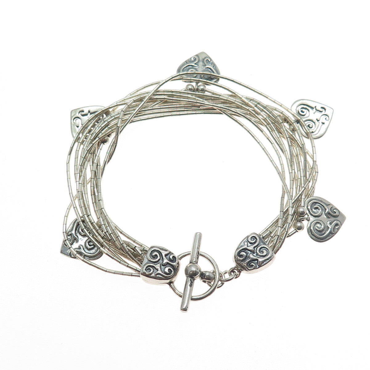 SHUBE 925 Sterling Silver Vintage Heart Multi-Strand Liquid Chain Bracelet 6.75"
