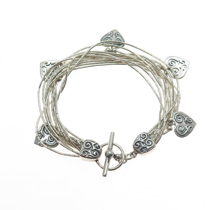SHUBE 925 Sterling Silver Vintage Heart Multi-Strand Liquid Chain Bracelet 6.75"