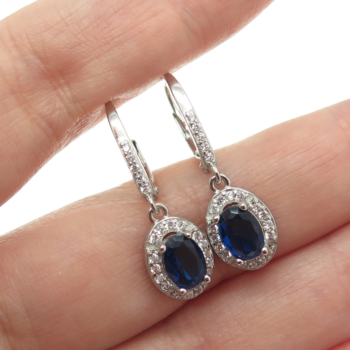 925 Sterling Silver Nano Sapphire & Round-Cut Shaped C Z Dangle Earrings