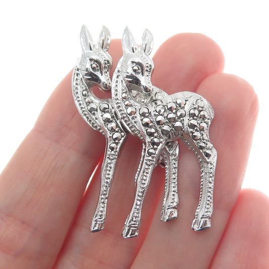 925 Sterling Silver Vintage Real Marcasite Deer Couple Pin Brooch