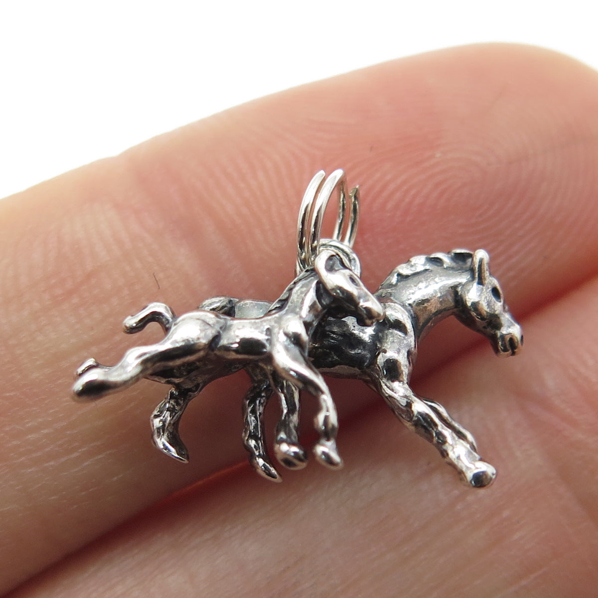 925 Sterling Silver Vintage Frisky Horse & Foal 3D Charm Pendant