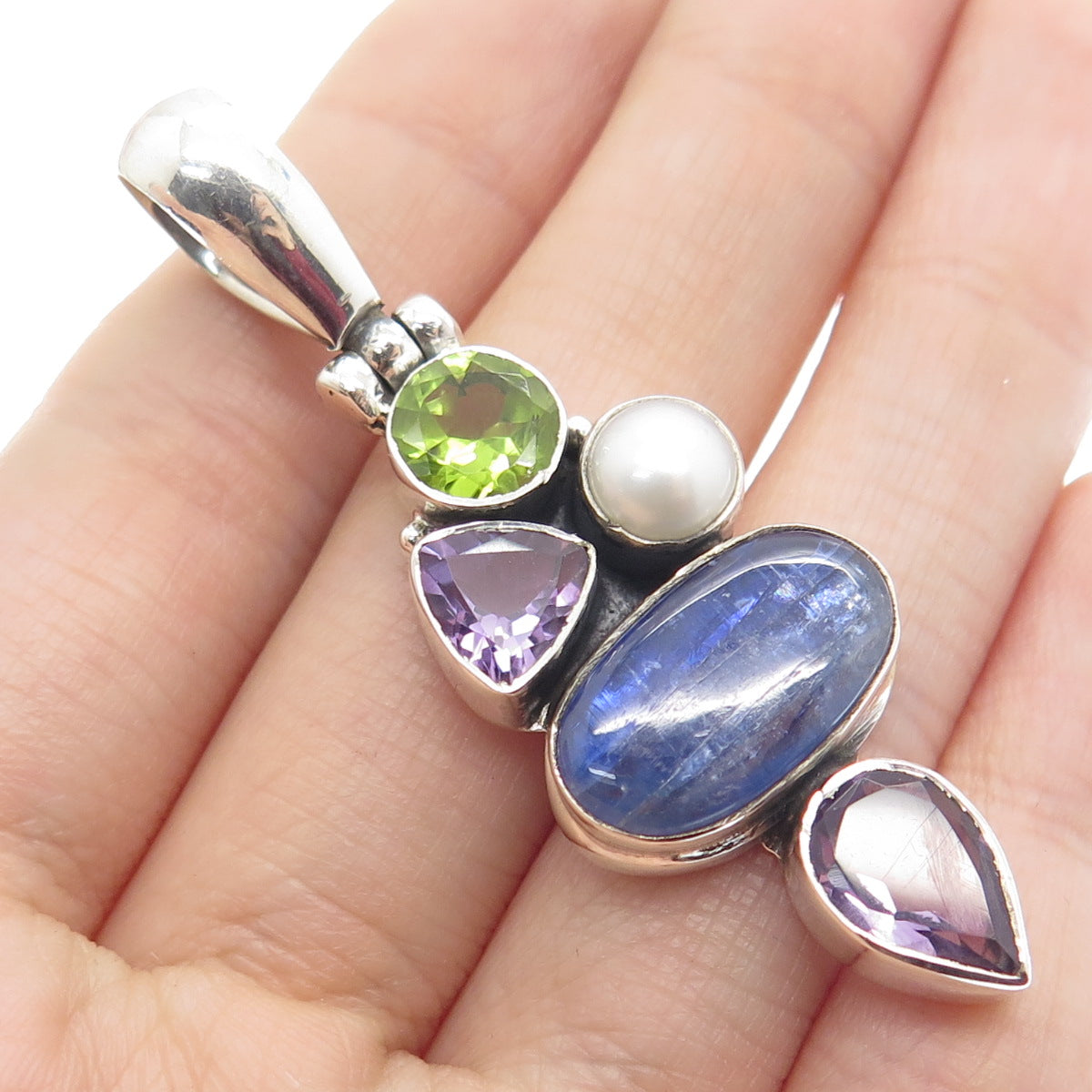 925 Sterling Silver Vintage Real Pearl Peridot Sapphire Amethyst Gem Pendant