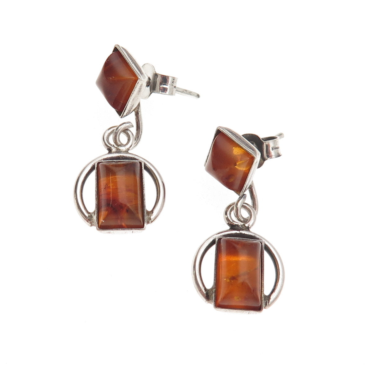 925 Sterling Silver Vintage Real Amber Modernist Oxidized Dangle Earrings