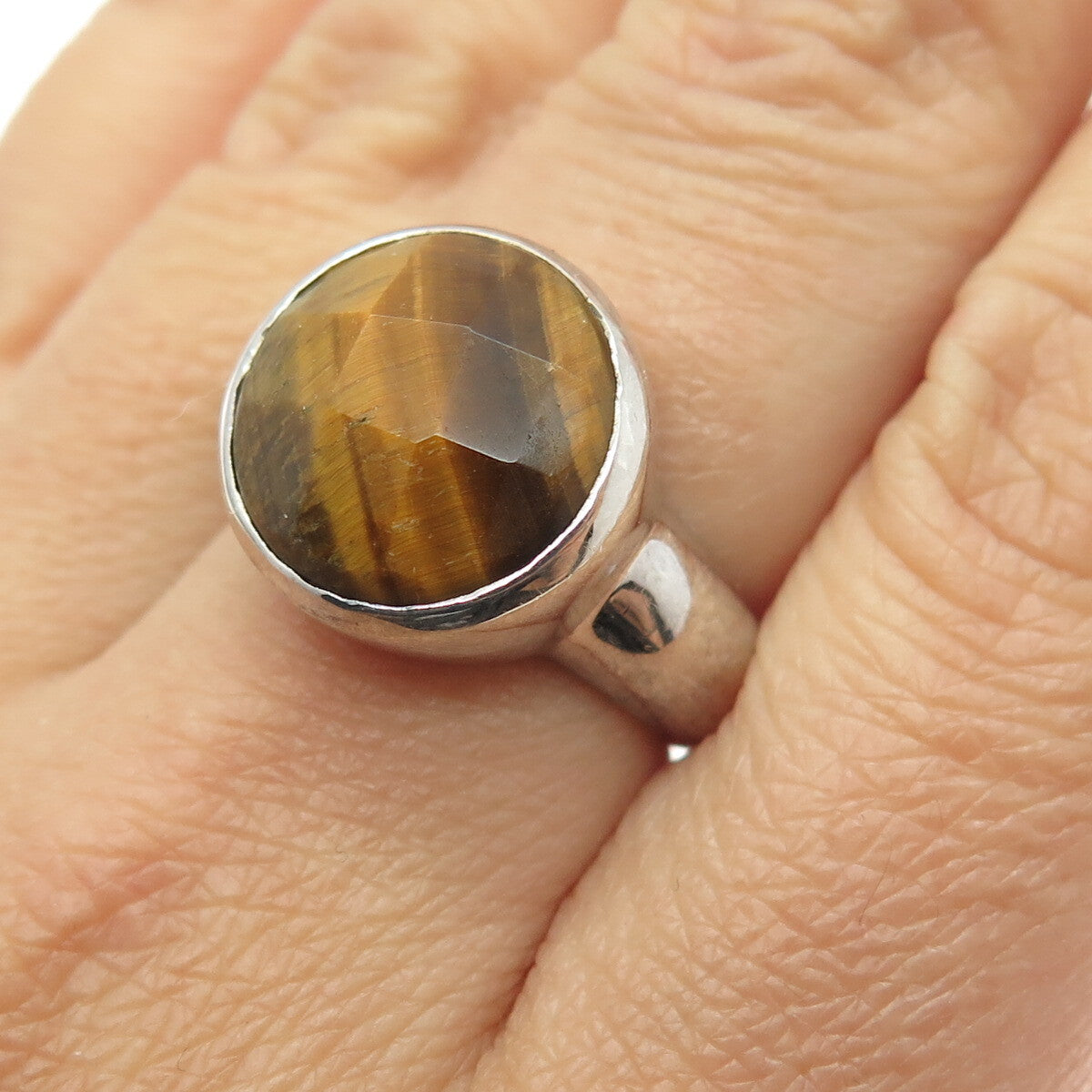 925 Sterling Silver Vintage Real Tiger Eye Modernist Ring Size 7.25