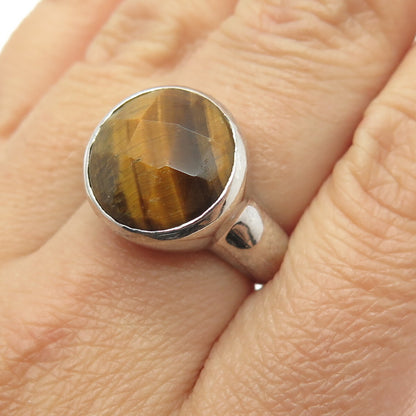 925 Sterling Silver Vintage Real Tiger Eye Modernist Ring Size 7.25