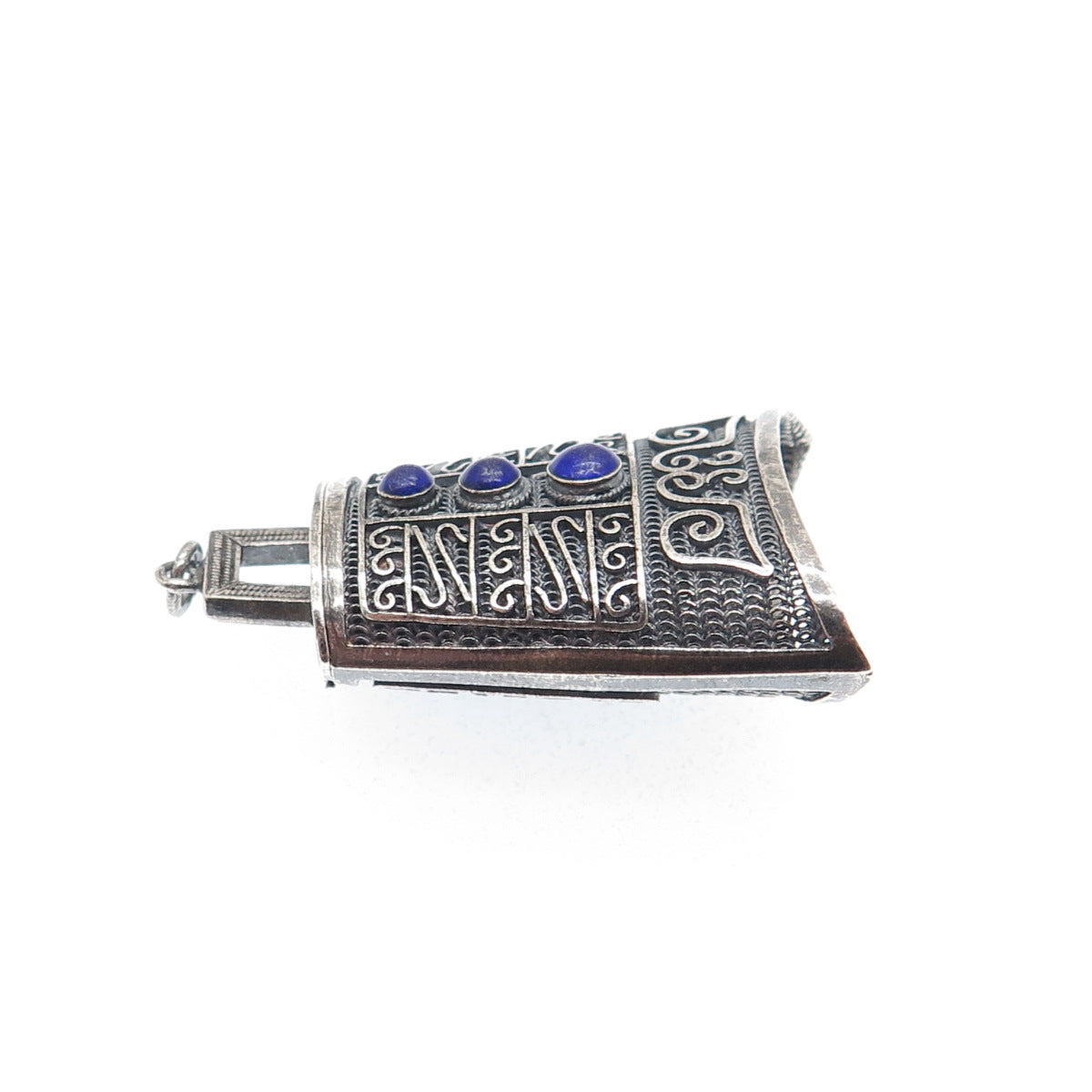 925 Sterling Silver Antique Real Lapis Chatelaine Filigree Box Oxidized Pendant