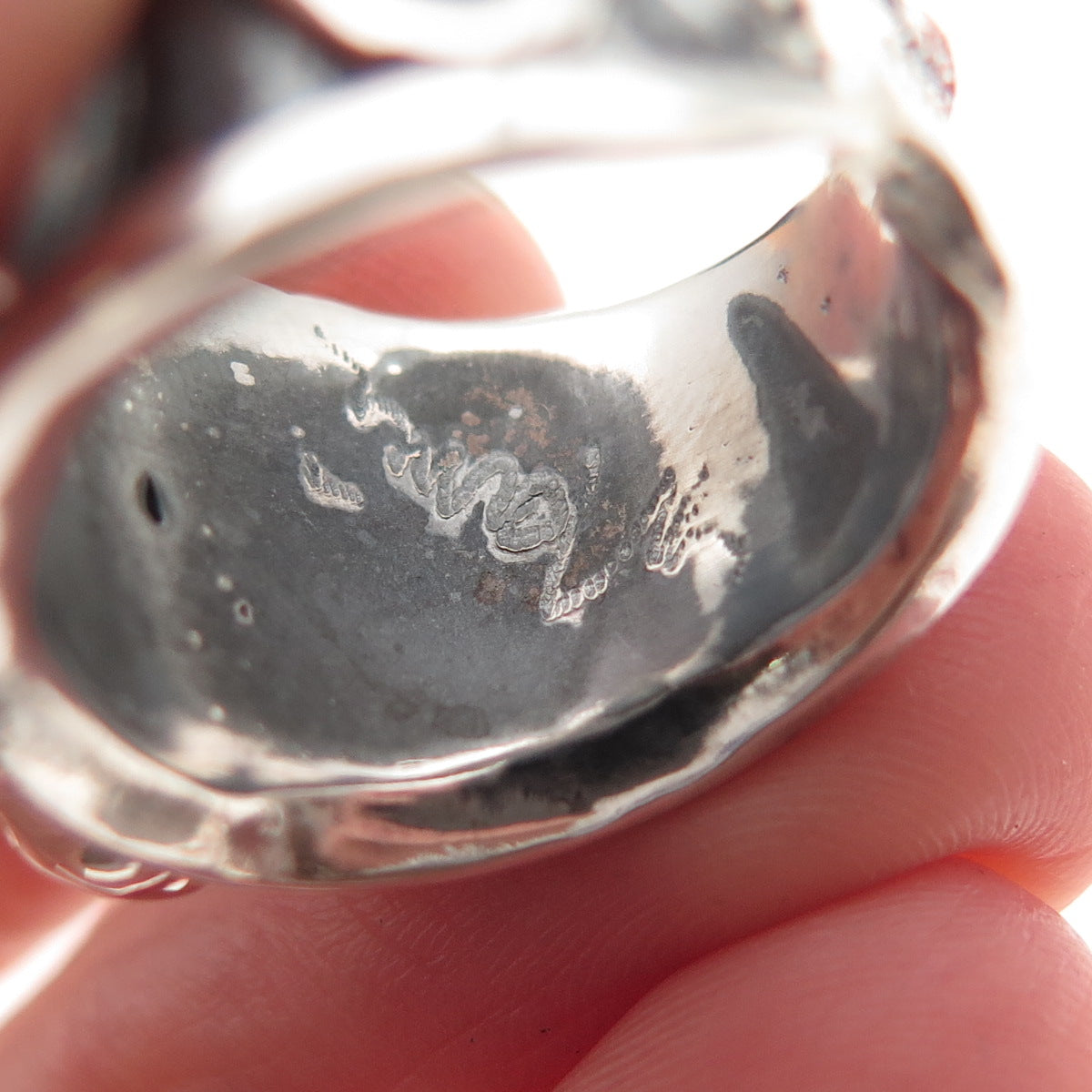 925 Sterling Silver Vintage Real Chalcedony Modernist Oxidized Ring Size 5
