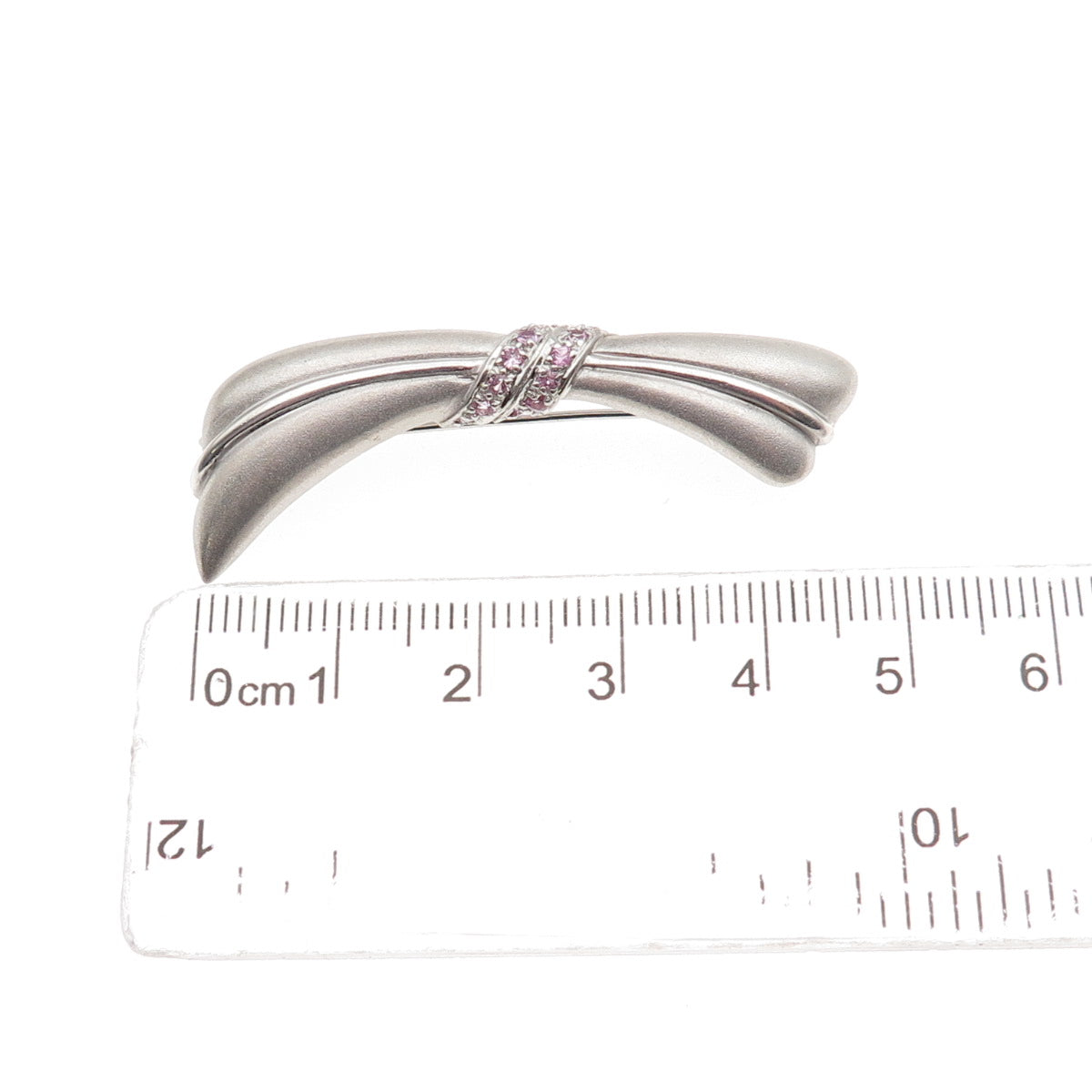 925 Sterling Silver Real Round-Cut Pink Sapphire Modernist Bow Pin Brooch