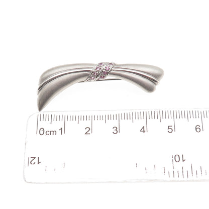 925 Sterling Silver Real Round-Cut Pink Sapphire Modernist Bow Pin Brooch