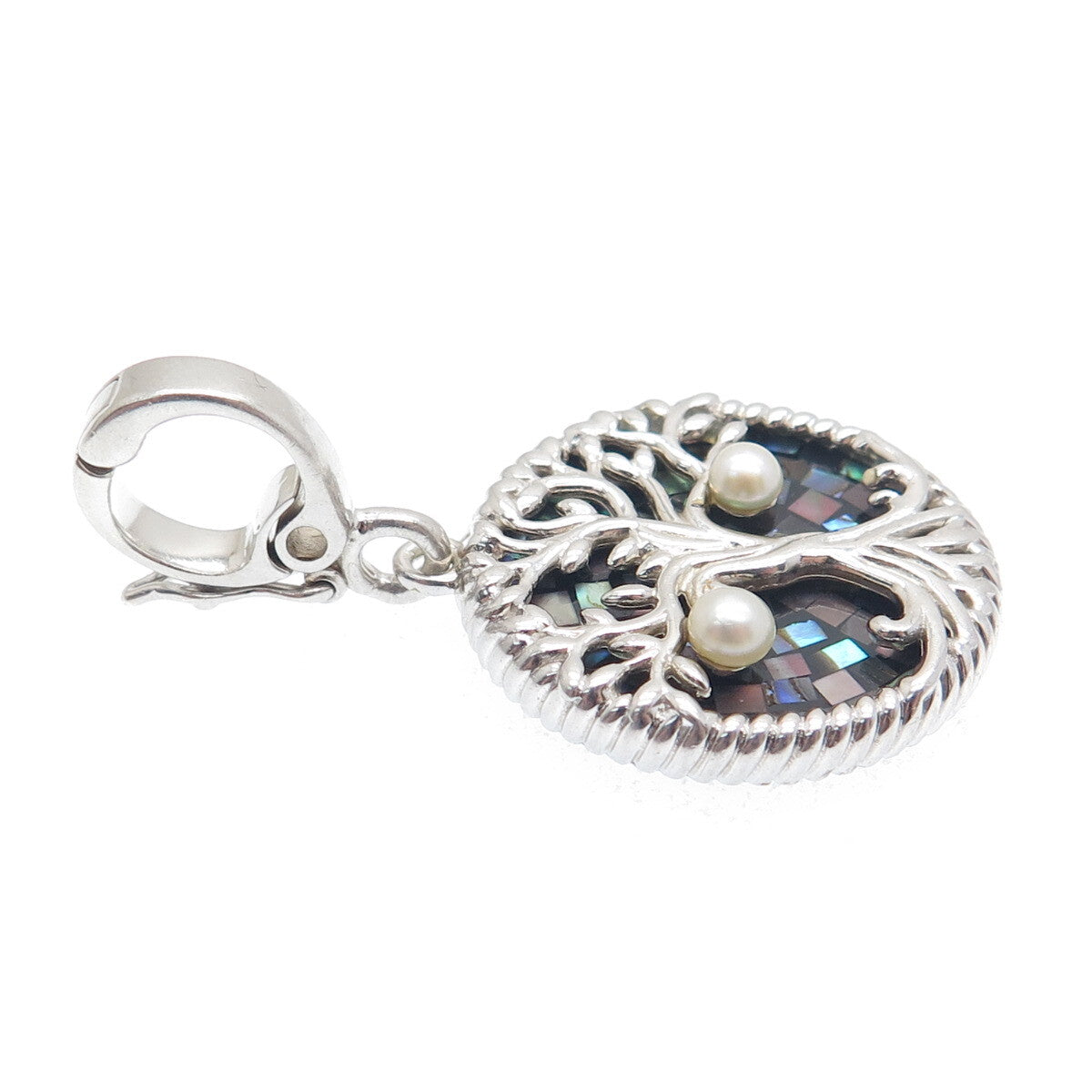 925 Sterling Silver Vintage Real Pearl Abalone Shell Inlay Tree of Life Pendant