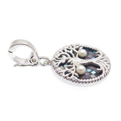 925 Sterling Silver Vintage Real Pearl Abalone Shell Inlay Tree of Life Pendant