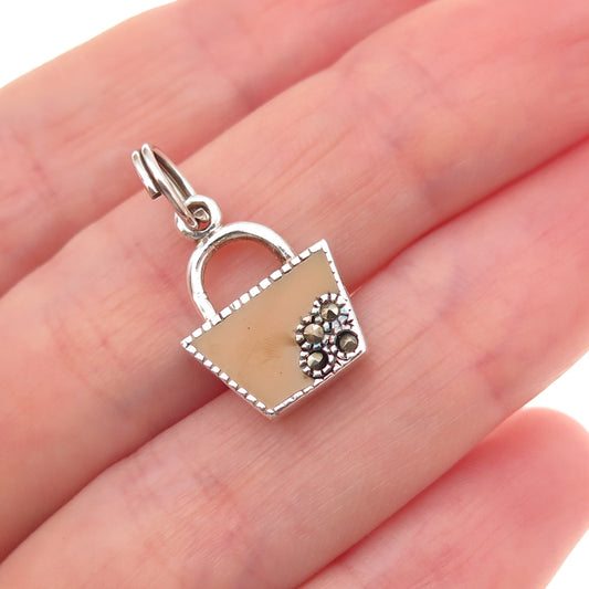925 Sterling Silver Vintage Enamel Real Marcasite Ladies Tote Bag Charm Pendant