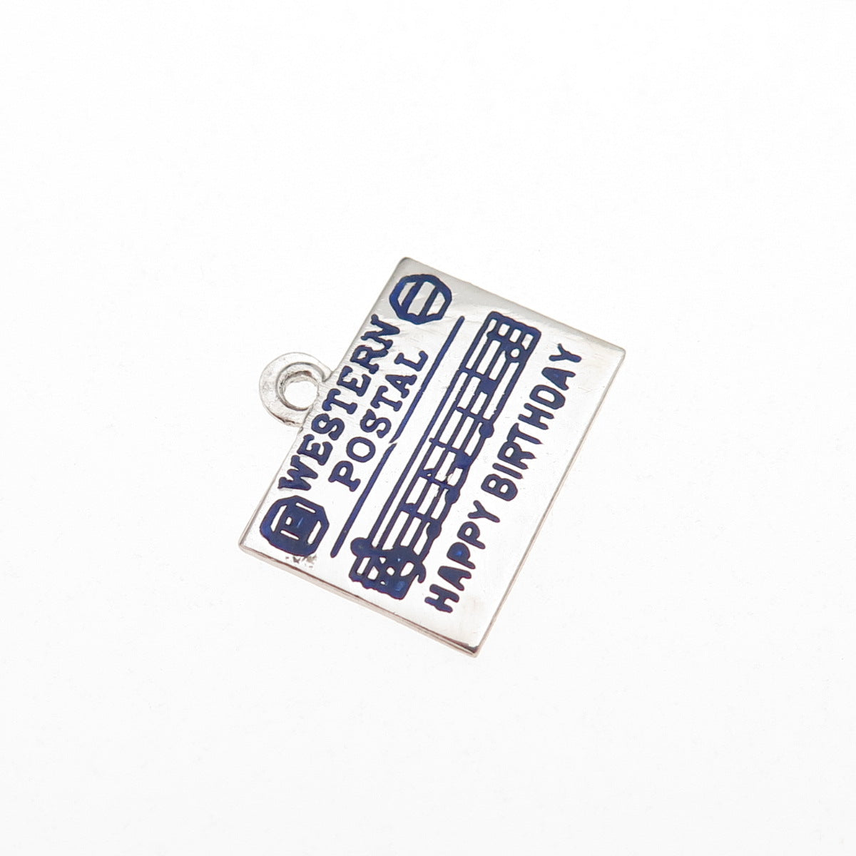 925 Sterling Vintage Enamel Western Postal Happy Birthday Card Mini Pendant