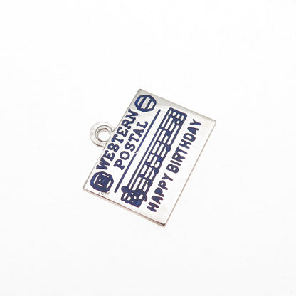 925 Sterling Vintage Enamel Western Postal Happy Birthday Card Mini Pendant