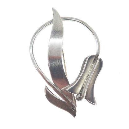 925 Sterling Silver Vintage Mexico Tulip Flower Modernist Oxidized Pin Brooch