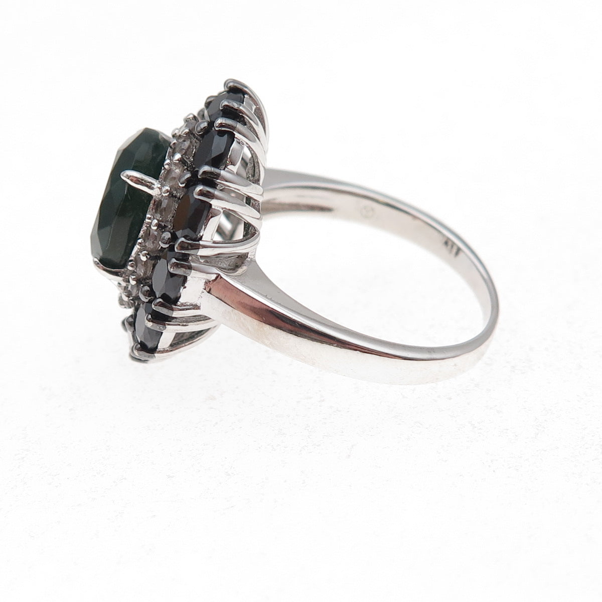 925 Sterling Silver Real Green Onyx Black Spinel & White Topaz Ring Size 6.5