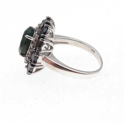 925 Sterling Silver Real Green Onyx Black Spinel & White Topaz Ring Size 6.5