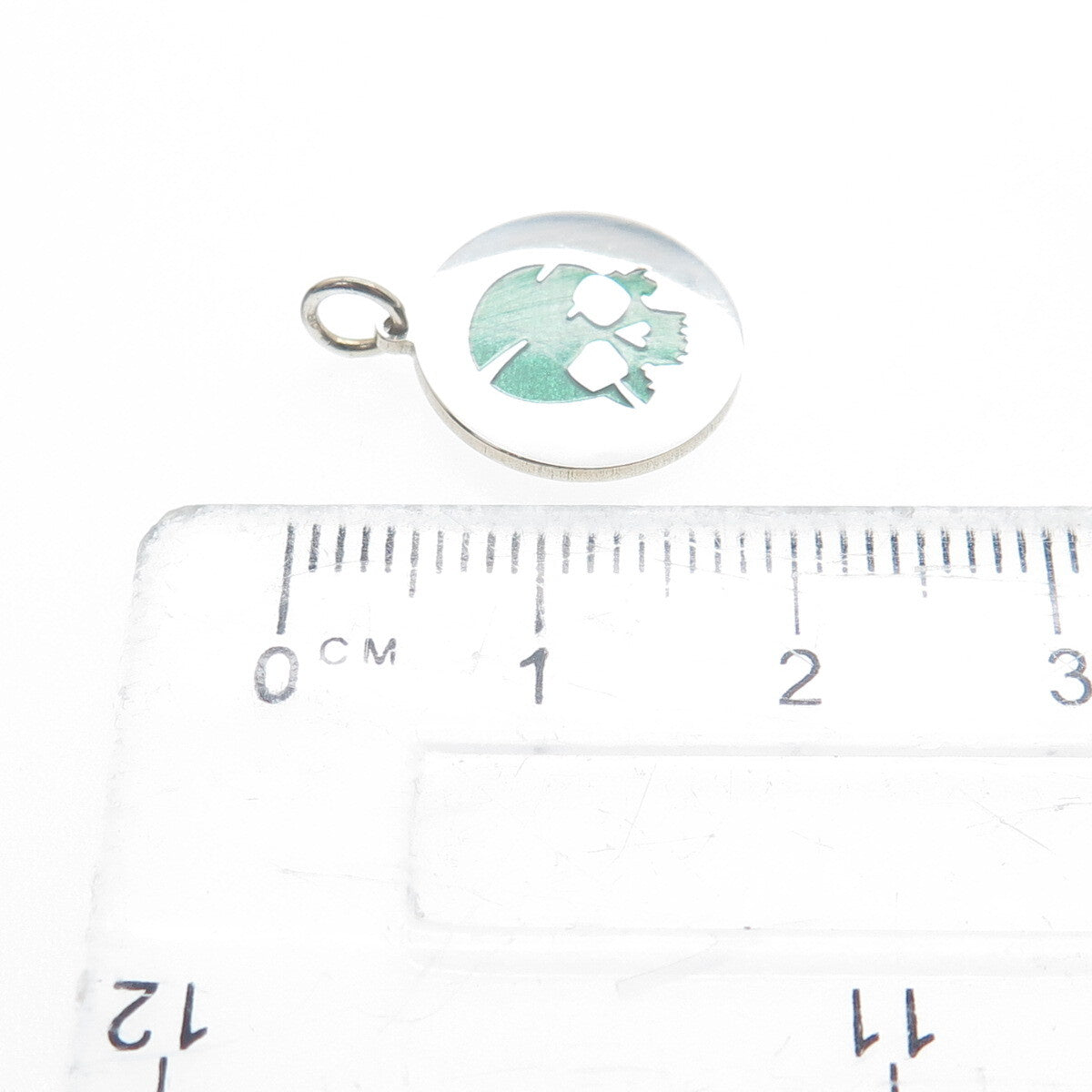 925 Sterling Silver Green Enamel Skull Round Tag Minimalist Charm Pendant