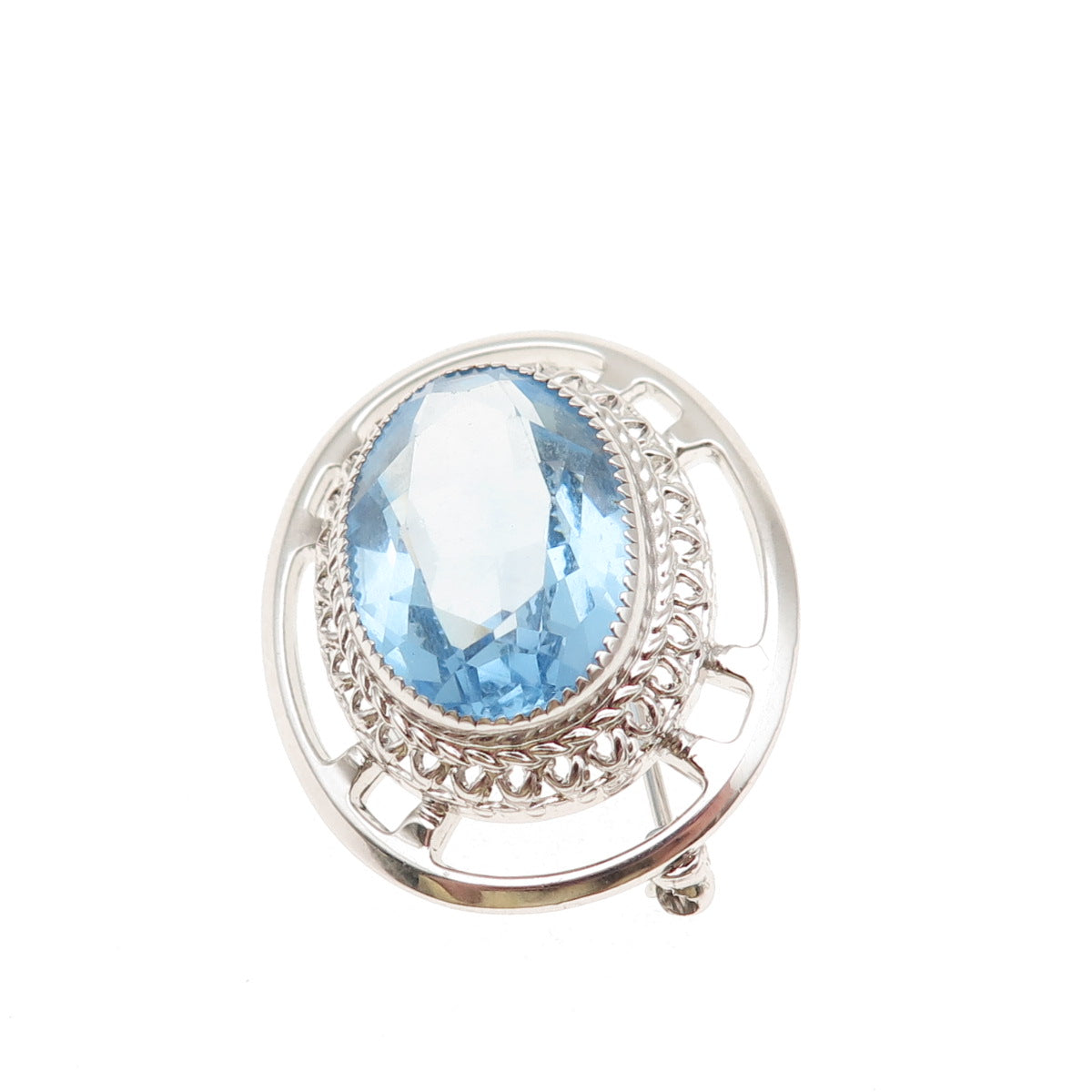DANECRAFT 925 Sterling Silver Antique Art Deco Oval-Cut Blue Crystal Pin Brooch