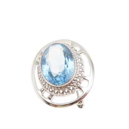 DANECRAFT 925 Sterling Silver Antique Art Deco Oval-Cut Blue Crystal Pin Brooch