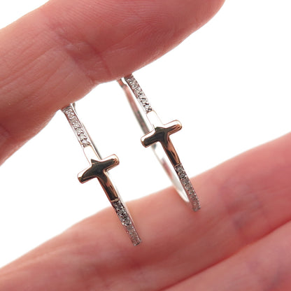 Sun 925 Sterling Silver 14K Gold Real Diamond Cross Hoop Earrings