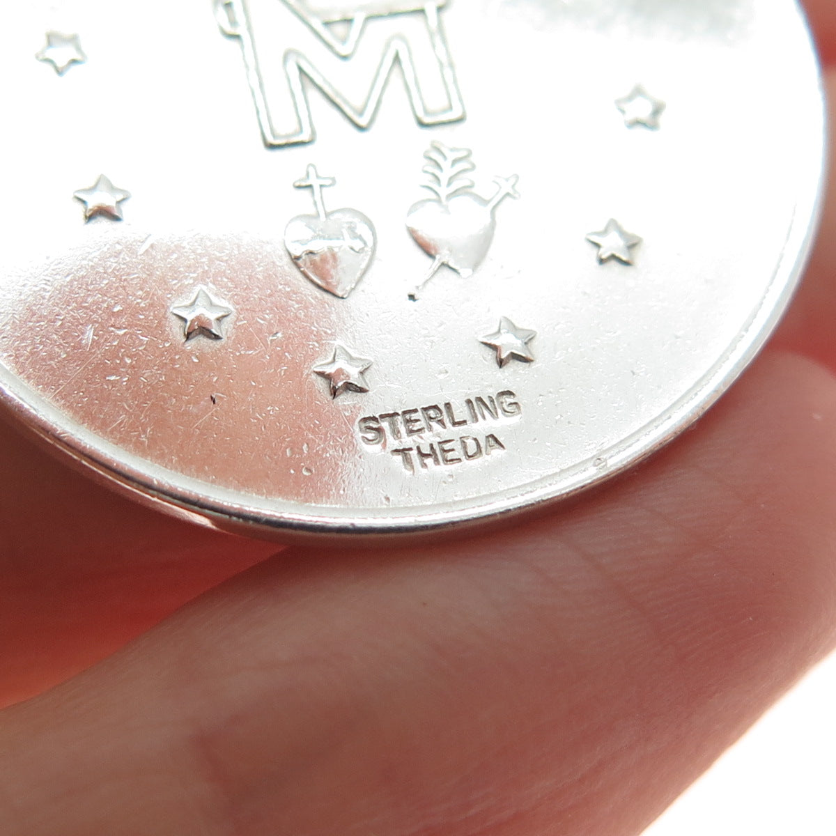 THEDA 925 Sterling Silver Vintage St. Mary Miraculous Religious Medal Pendant