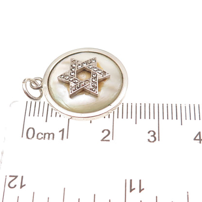 925 Sterling Antique Real MOP Marcasite Star of David Pendant (missing 3 stones)
