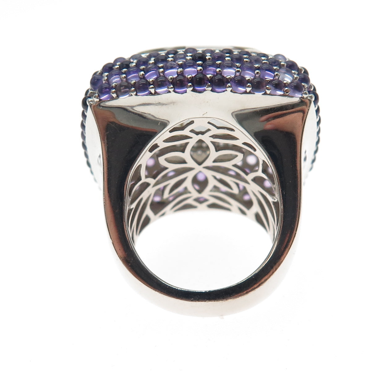 925 Sterling Silver Real Rutilated Quartz Amethyst & C Z Statement Ring Size 7