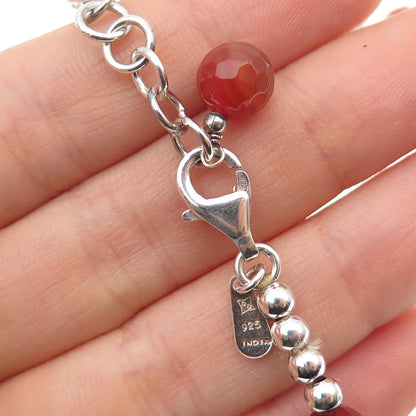 925 Sterling Silver Vintage Real Carnelian Floral Beaded Chain Necklace 18-20"