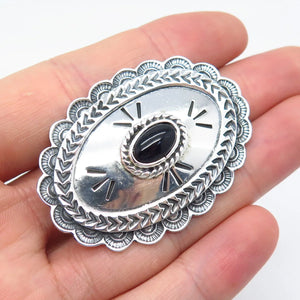 925 Sterling Silver Vintage Mexico Real Black Onyx Gemstone Ornate Pin Brooch
