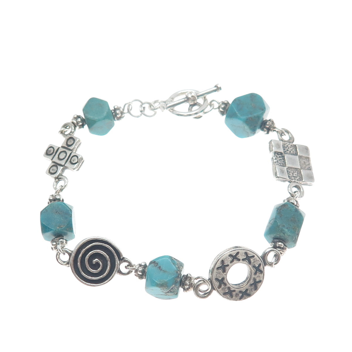 925 Sterling Silver Vintage Kingman Turquoise Spiral Circle Cross Bracelet 6.5"