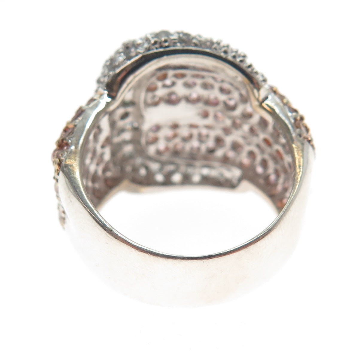 925 Sterling Silver 2-Tone Round-Cut Pink & White C Z Belt Buckle Ring Size 7