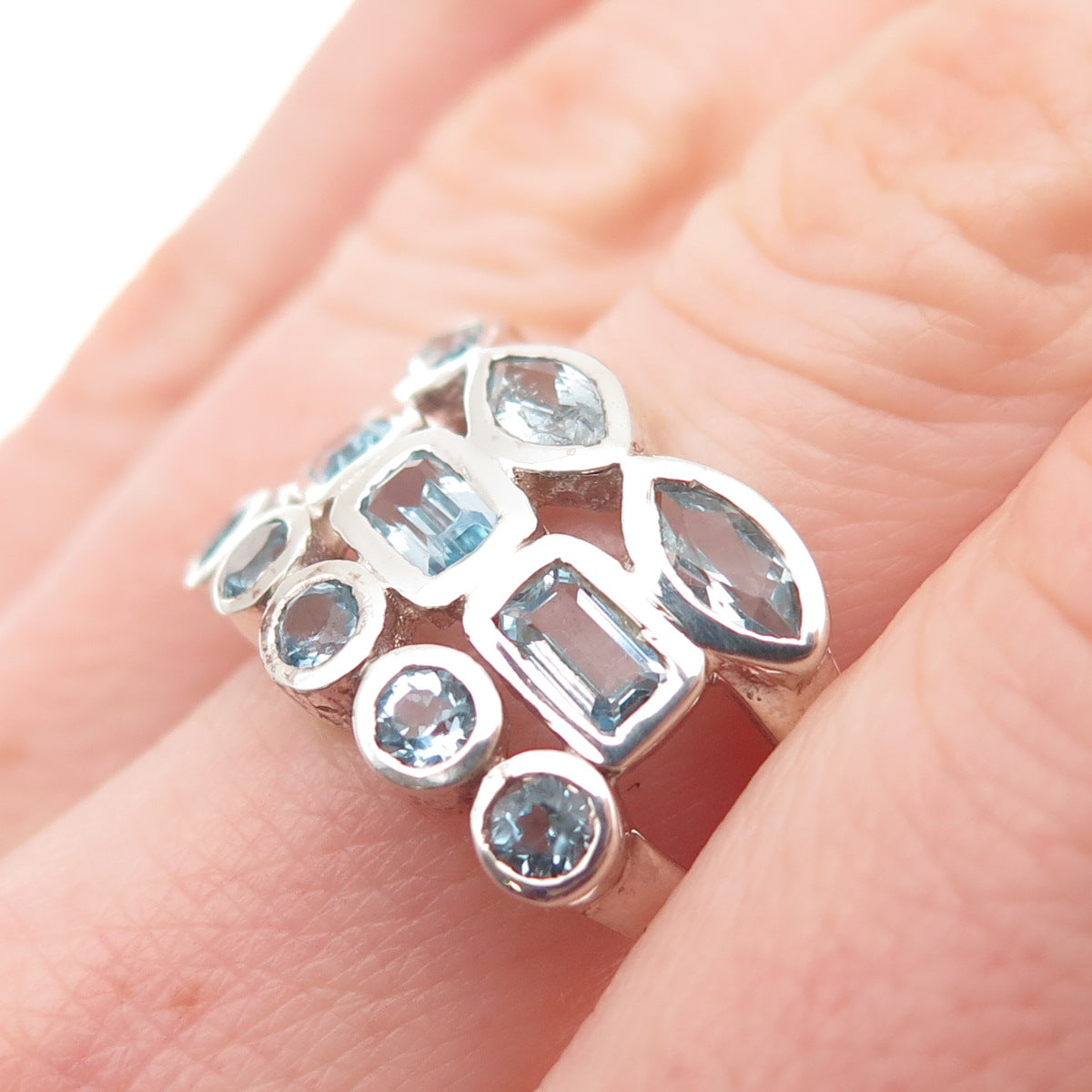 925 Sterling Silver Vintage Real Multi-Cut Blue Topaz Cluster Ring Size 8.25