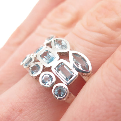 925 Sterling Silver Vintage Real Multi-Cut Blue Topaz Cluster Ring Size 8.25