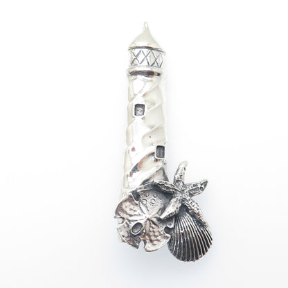 925 Sterling Silver Vintage Lighthouse Sea Life Oxidized Pin Brooch