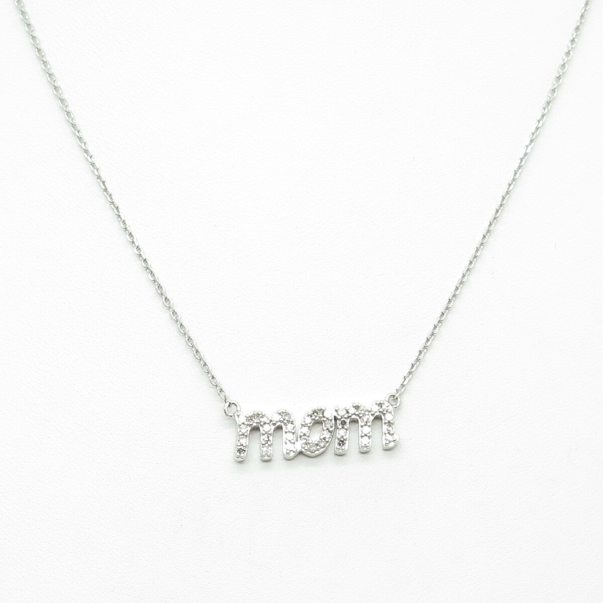 925 Sterling Silver Real Round-Cut Diamond "MOM" Cable Chain Necklace 18"