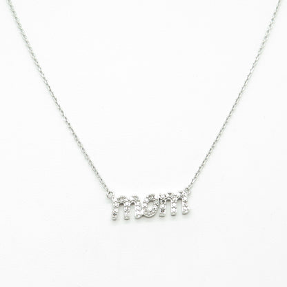 925 Sterling Silver Real Round-Cut Diamond "MOM" Cable Chain Necklace 18"