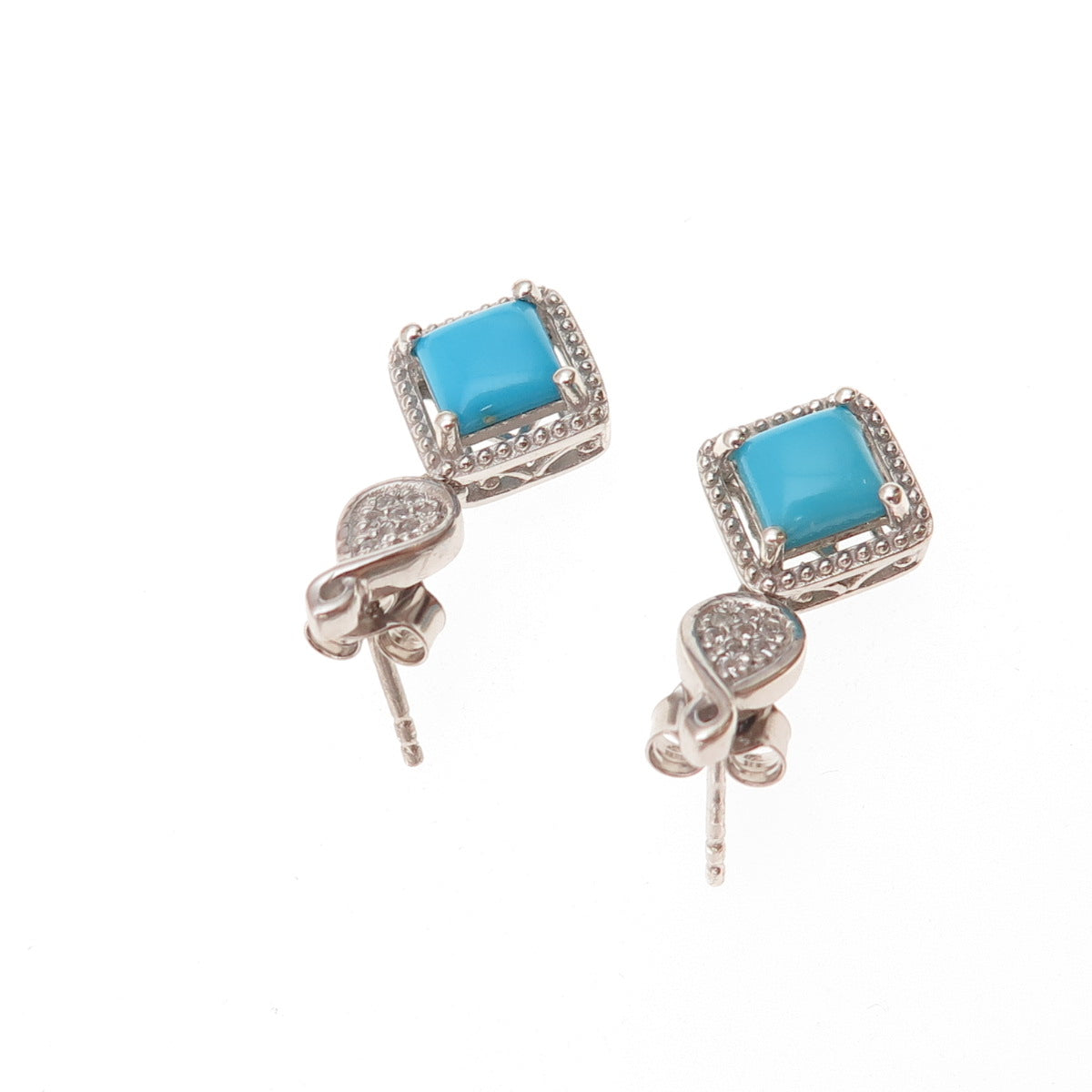 Chuck Clemency 925 Sterling Silver Real Turquoise & White Topaz Dangle Earrings