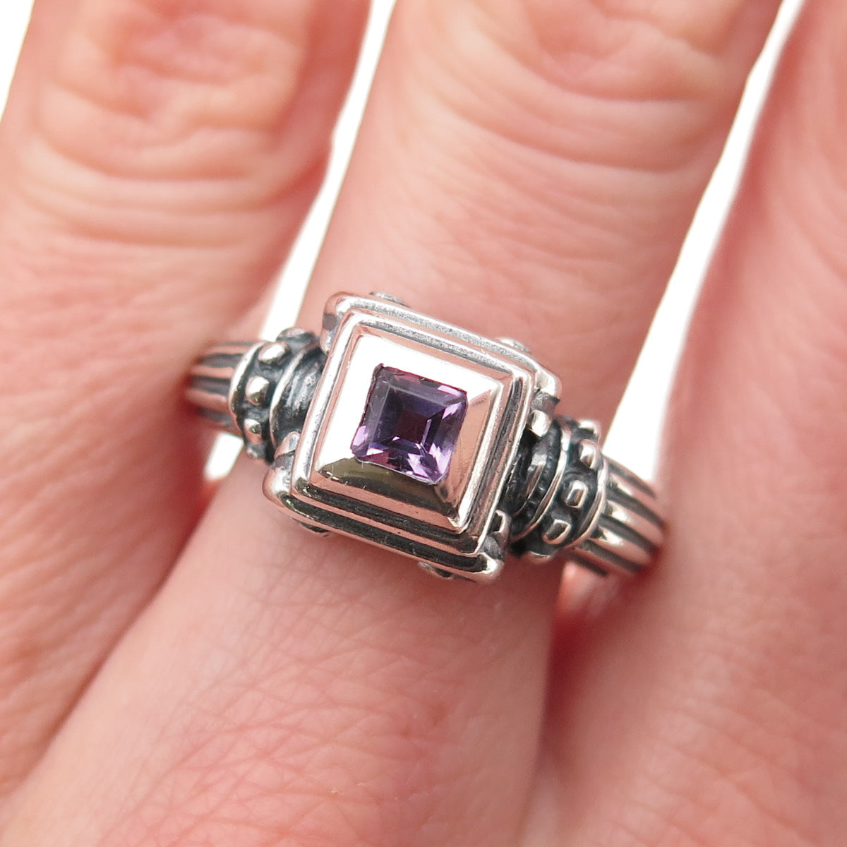 Esti Frederica 925 Sterling Silver Vintage Real Amethyst Oxidized Ring Size 7
